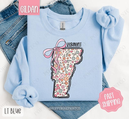 Vermont Floral Bow Gildan Sweatshirt, Cute Trendy State Coquette Pullover