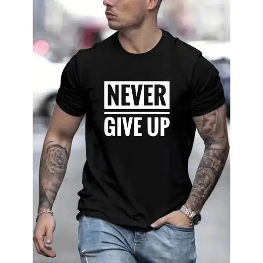 Vibrant Never Give Up Graphic Tee - Men's Breathable Casual Crew Neck Short Sleeve T-Shirt for Summer - Versatile, Lightweight, Comfy, Street Fashion Essential Made in USA