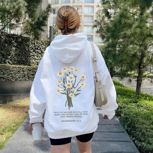Victoria Maxwell, Womenswear Graphic Shirt, Trust in the Lord Bible Verse Back Design Hoodie, Good News Daisy Hoodie, Christian Hoodie, Aesthetic Christian Gift, Trendy Church Hoodie