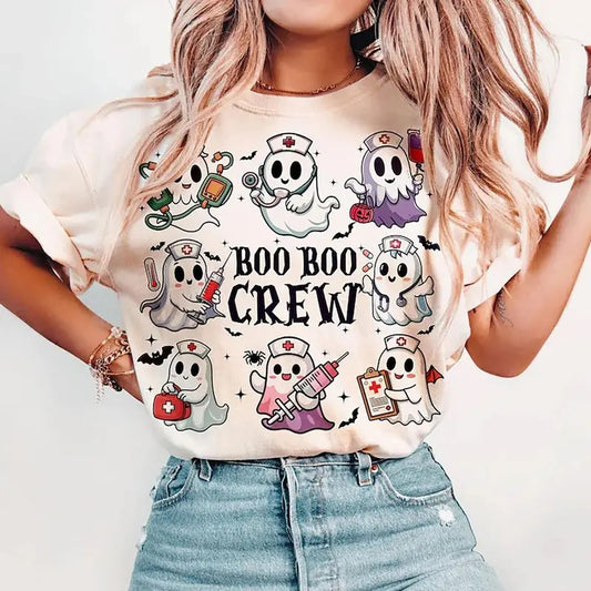 Vintage BOO BOO Crew Nurse Halloween Shirt Pink Halloween Ghost Spooky Season Shortsleeve Cotton Halloween Gift Top Oversized