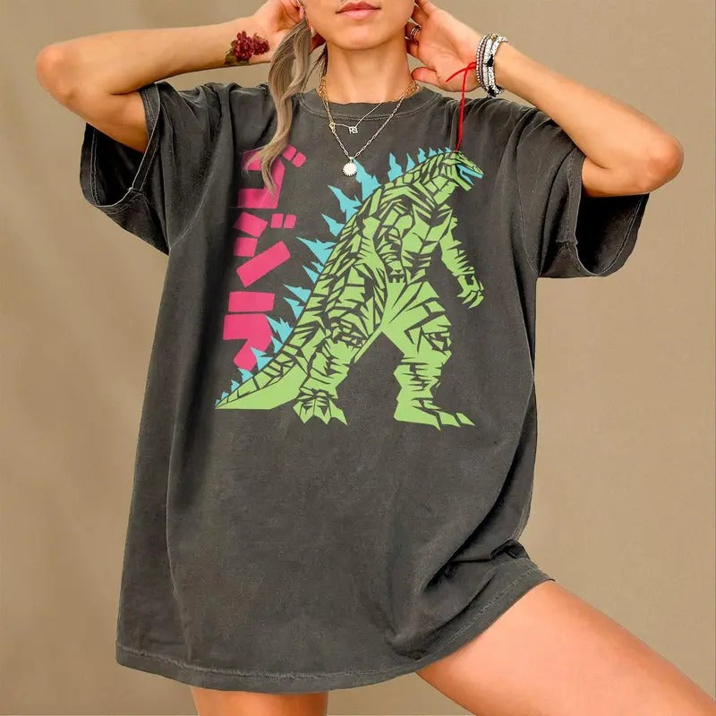 Vintage Godzilla Graphic T-Shirt, Japanese Monster Movie Poster Shirt, Retro Godzilla Art Tee Memorabilia for Men and Women, Green & Red