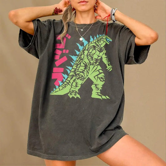 Vintage Godzilla Graphic T-Shirt, Japanese Monster Movie Poster Shirt, Retro Godzilla Art Tee Memorabilia for Men and Women, Green & Red