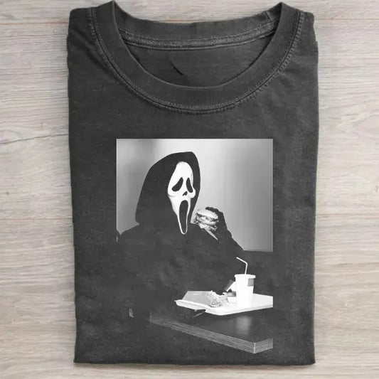 Vintage Halloween Graphic T-shirt, Ghost Face Eat Hamburger Tee, Horror Movie Shirt, Horror Character, Funny Halloween Shirt, Unisex T-Shirt, Gift For Men Women