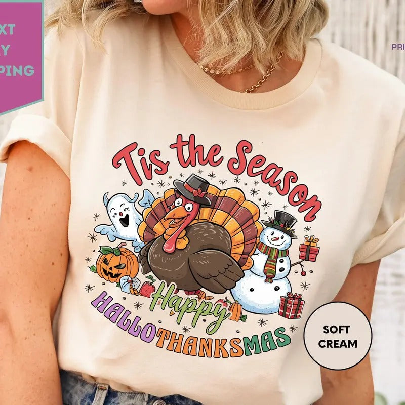 Vintage Happy Hallothanksmas Shirt Happy Halloween Thanksgiving Christmas Sweatshirt Holiday Season Funny Tee