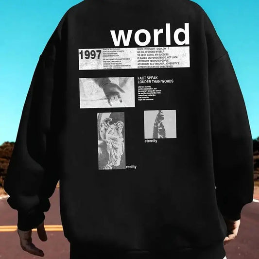 Vintage-Inspired Print Pullover Sweatshirt, Active Sweatshirts for Men. Long Sleeve Crew Neck, Casual Streetwear Fashion, Soft and Breathable