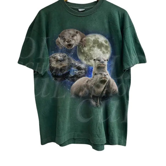 Vintage Otters In Graphic T-shirts, Retro Otter Moon Tshirt, Otter Lovers, Funny Graphic Tee, Weirdcore Shirts, Oversized Washed Tee Menswear Top
