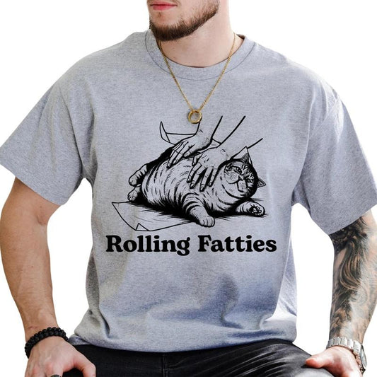 Vintage Rolling Fatties Cat Graphic Tee, Retro Sarcastic Rolling T-shirt For Men, Funny Meme Fat Cat Unhinged Tee, Funny Gift For Him