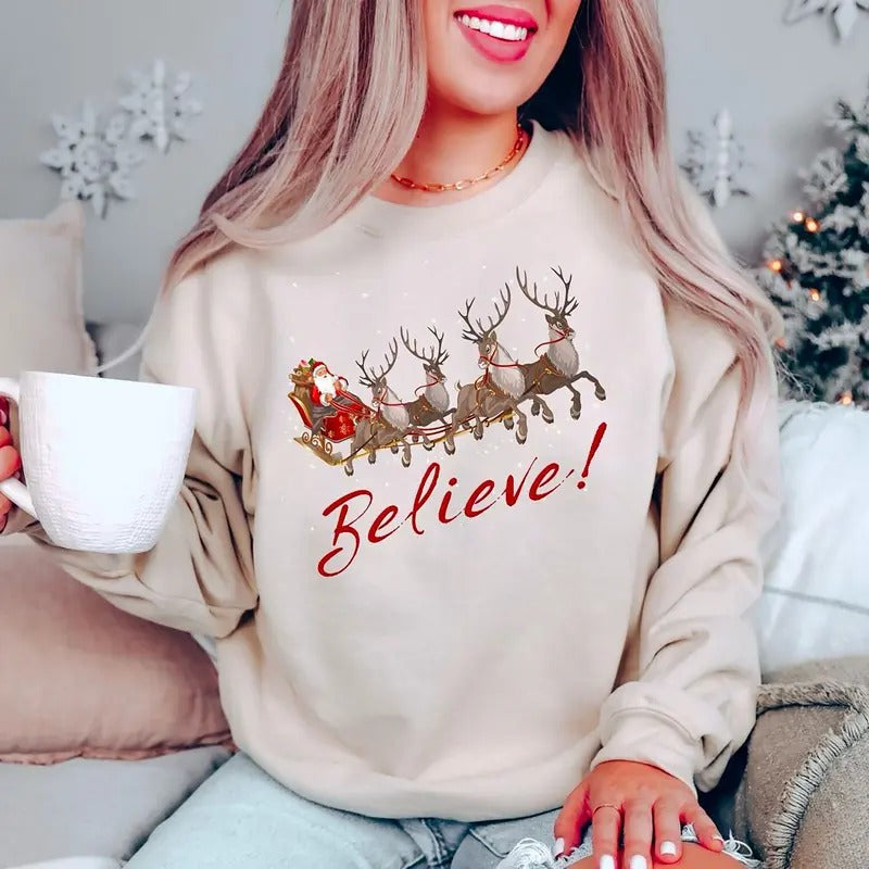 Vintage Santa Sleigh Christmas Sweatshirt, Retro Style Christmas Shirt, Vintage Christmas Shirt, Christmas Believe Sweater, Retro Christmas Shirt, Believe Santa Sleigh Sweatshirt