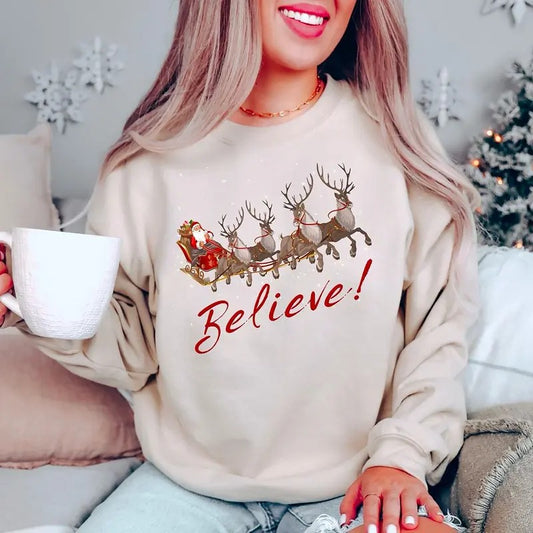Vintage Santa Sleigh Christmas Sweatshirt, Retro Style Christmas Shirt, Vintage Christmas Shirt, Christmas Believe Sweater, Retro Christmas Shirt, Believe Santa Sleigh Sweatshirt