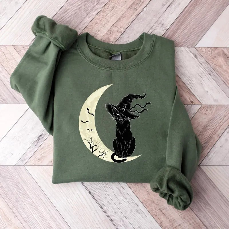 Vintage Scary Black Cat Halloween Sweatshirt, Black Cat Witch Hat Moon Shirt, Black Cat Halloween Shirt, Halloween Cat Sweatshirt, Cat Mom, Cat Lover Gift, Halloween Gift Shirt