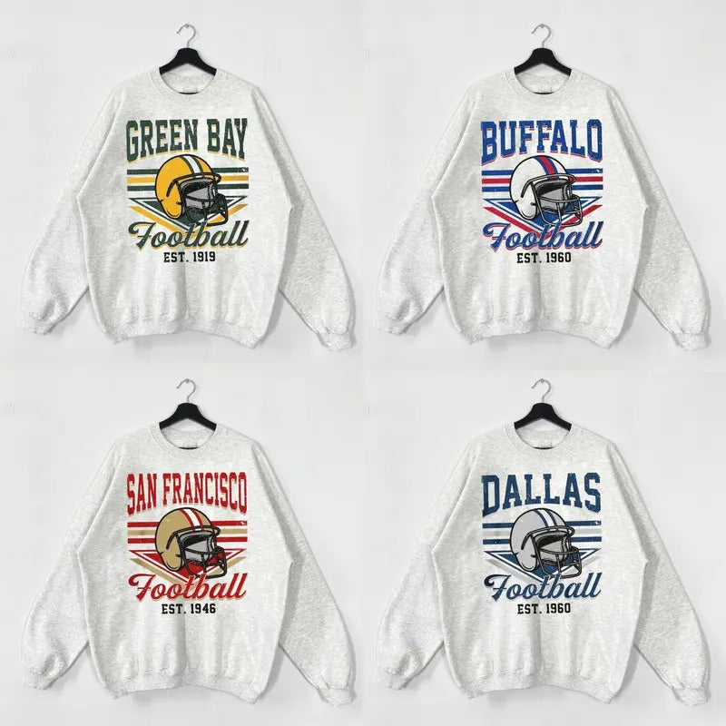 Vintage Striped All Team Football Ash Grey Sweatshirt, Football Crewneck Sweatshirt, Football Sweatshirts
