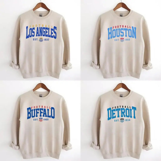 Vintage Style All Teams Football, Sand Sweatshirt for Men and Women, Classic Cotton Embroidered Shirt - Pullover, Fit - Flat, Womenswear Hoodie Spandex