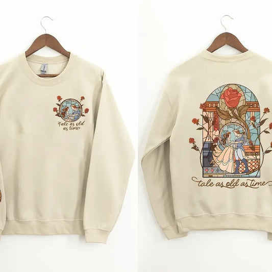 Vintage Tale as Old as Time 2 Sides Sweater + Rose Sleeve Print, Belle's Book Shop Hoodie, Booktok Sweatshirt, Family Trip Shirt