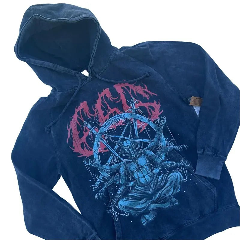 Vintage Washed Hoodie - Red 666 Mark of The Beast, Alt Fashion, Goth, Zombie, Halloween, Scary, Rock, Punk, Metal