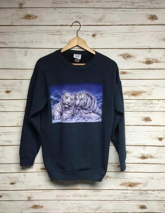 Vintage White Tiger crewneck sweatshirt navy blue big cat tiger crew neck sweatshirt animal print zoo sweatshirt cat shirt Menswear Athletic