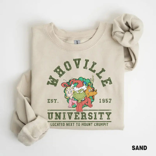 Vintage Whoville University Sweatshirt, Grinch Christmas Sweatshirt, Whoville Est 1957 Shirt, Christmas Gift, Whoville Sweatshirt