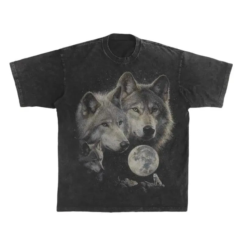 Vintage Wolf Moon T-Shirt - Cosmic Wolves Oversized Graphic Tee - Starry Night Mystical Shirt - Celestial Animal Gift 100% cotton Menswear Top