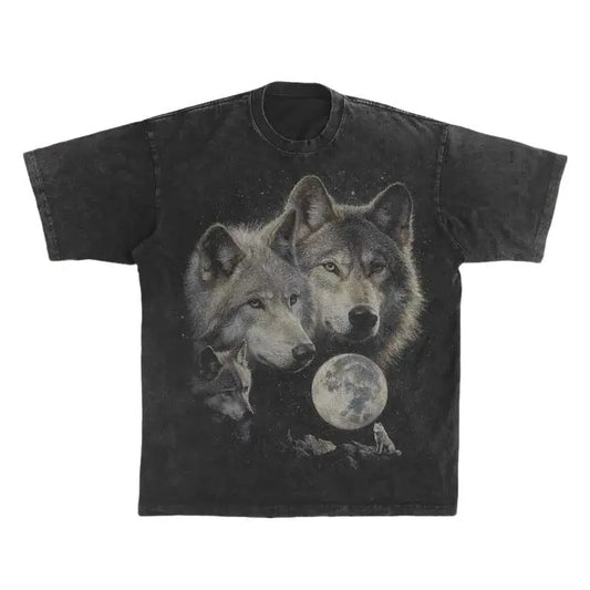 Vintage Wolf Moon T-Shirt - Cosmic Wolves Oversized Graphic Tee - Starry Night Mystical Shirt - Celestial Animal Gift 100% cotton Menswear Top