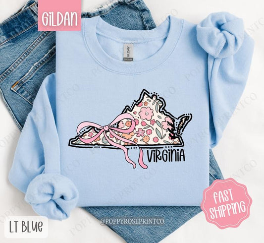 Virginia Floral Bow Gildan Sweatshirt, Cute Trendy State Coquette Pullover
