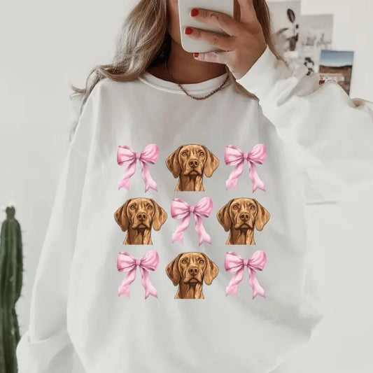 Vizsla  with Bows Sweatshirt ~ Sweatshirt Unisex Apparel Relaxed Fit Printed in the USA Clothing Womenswear Casual and Comfortable