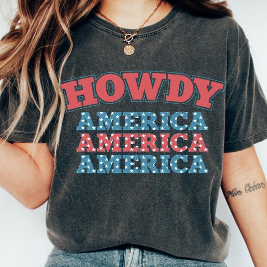 WESTERN JULY FOURTH SHIRT, HOWDY AMERICA SHIRT,  WESTERN AMERICA SHIRT, PARTY IN THE USA, JULY 4TH PARTY SHIRT Comfort Cotton Fabric Top Womenswear Oversized