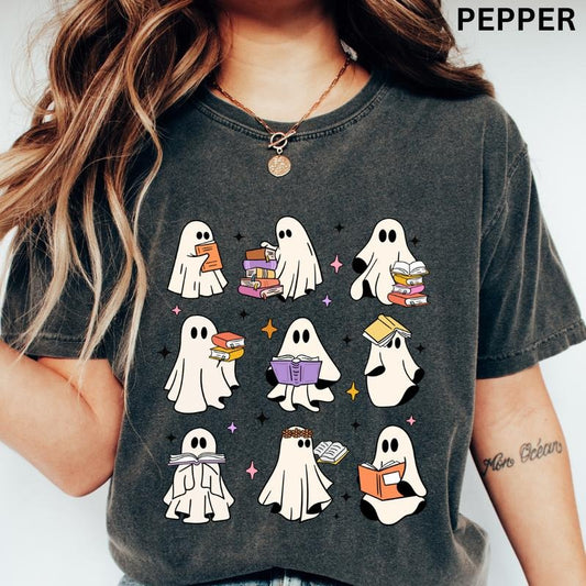 WOMENS GRAPHIC TEES, WOMEN'S READING SHIRT, GHOSTS READING BOOKS SHIRT  (COMFORT COLORS T-SHIRT, CASUAL SHIRT UNISEX, HALLOWEEN CLOTHING, GRAPHIC APPAREL) Cotton Fabric