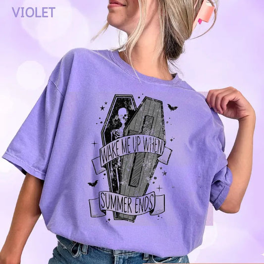 Wake Me Up When Summer Comfort Color Tshirt, Spooky Summer Party Tee, Halloween Skeleton, Gift Trendy Aesthetic