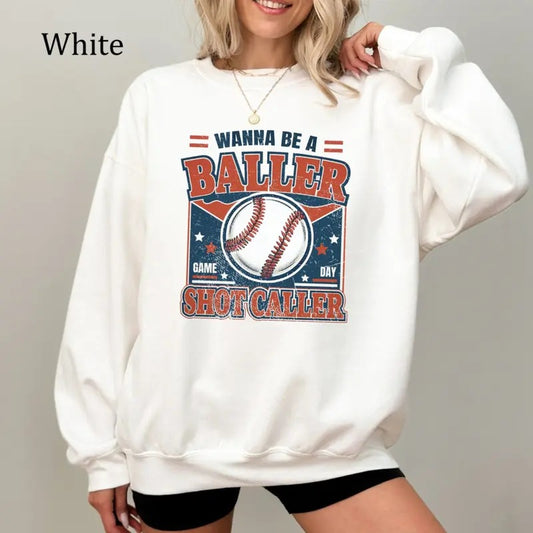 Wanna Be a Baller Shot Caller Sweatshirt, Vintage Retro Baseball Shirt, Baseball Player Crewneck, Game Day Sports Apparel, Cozy Fleece Sweatshirt, Everyday Casual Comfort