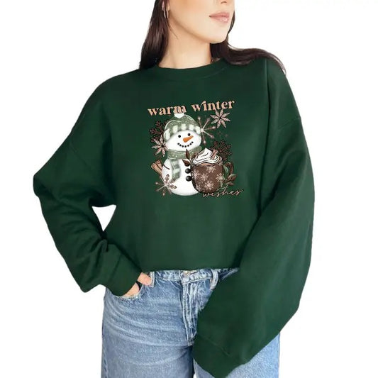 'Warm Winter Wishes' Snowman & Hot Chocolate Christmas Crewneck Sweatshirt, T Shirt, or Hoodie | Cutesy Pullover | Casual, Comfort, Skulls