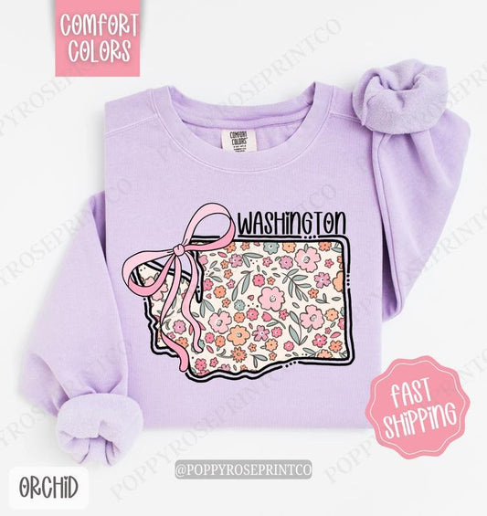 Washington Floral Bow Comfort Colors Sweatshirt, Cute Trendy State Coquette Pullover