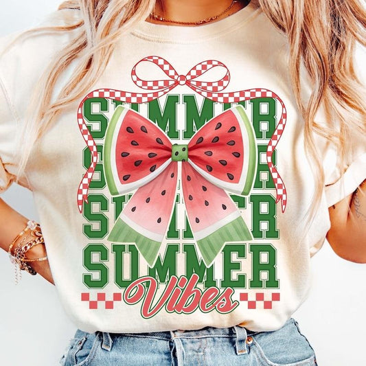 Watermelon Summer Vibes Retro Girly Coquette Bow Hello Summer Preppy Trendy T-Shirt