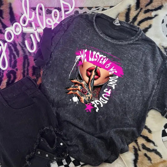 We Listen & Do Not Judge Mineral Wash Crewneck or TShirt, Casual Mental Health Pullover, Vintage Inspired Grunge, Modern Goth