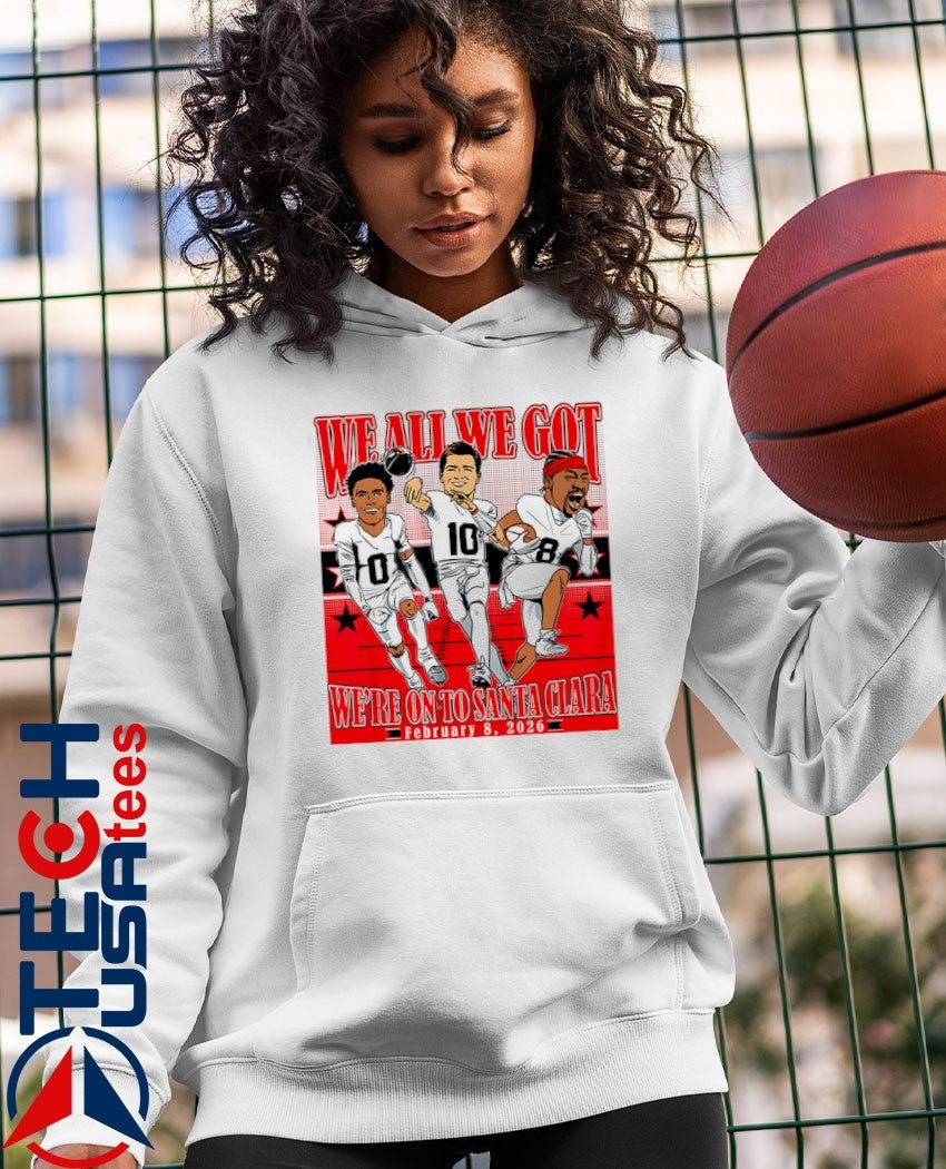 We all we cat we’re on to Santa Clara Drake Maye Stefon Diggs and Christian Gonzalez 2026 Conference Champions caricatures shirt