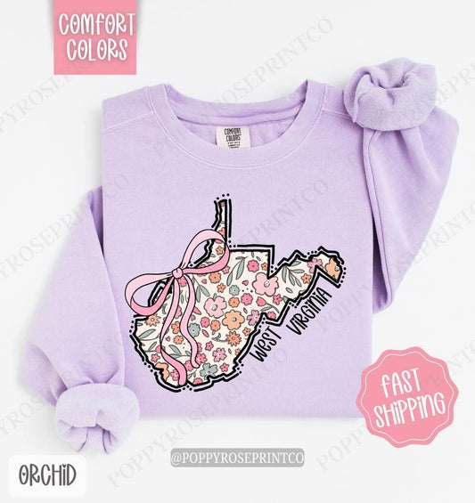 West Virginia Floral Bow Comfort Colors Sweatshirt, Cute Trendy State Coquette Pullover
