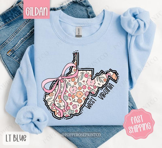 West Virginia Floral Bow Gildan Sweatshirt, Cute Trendy State Coquette Pullover