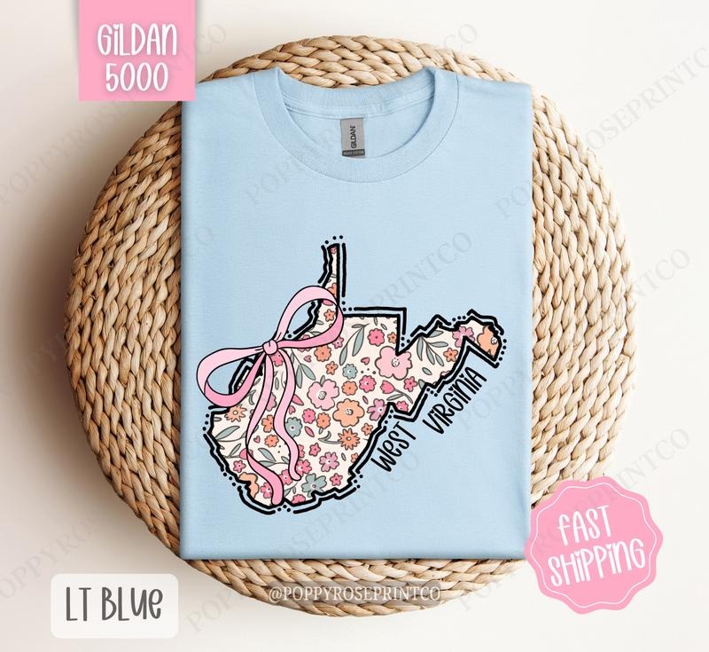 West Virginia Floral Bow Gildan T-shirt, Cute Trendy Tee, State Coquette Oversized Top