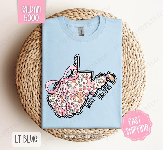 West Virginia Floral Bow Gildan T-shirt, Cute Trendy Tee, State Coquette Oversized Top