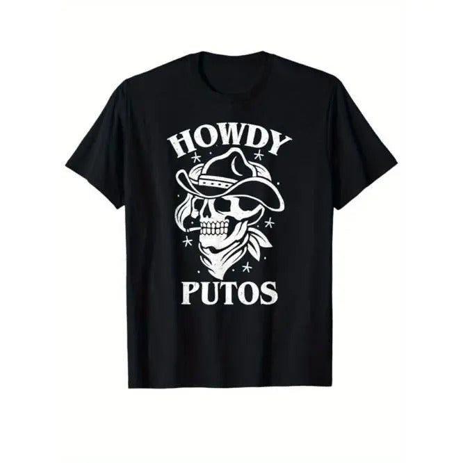 Western Cowboy Print Crew Neck Short Sleeve T-shirt - Men's Casual Cotton Top for Outdoor Activities with Classic Print Design Made in USA