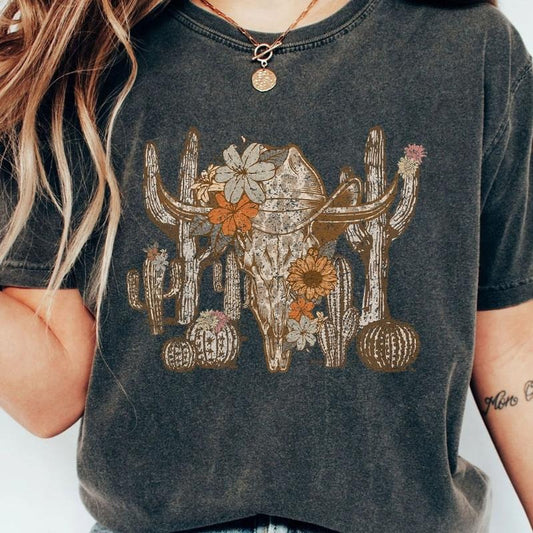 Western Desert Cow Skull Leopard Shirt, Retro Cow Skull Shirt, Vintage Tee, Shirt For Women, Western Cowboy T-shirts, Cactus Vintage Tee, Women's Tops, Gift For Her, Leopard Cow Skull Shirt, Trendy Western Shirts