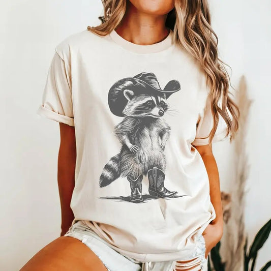 Western Raccoon Shirt, Vintage Cowboy Racoon Graphic Tee, Funny Raccoon Meme T-Shirt Cotton Top Light Soft