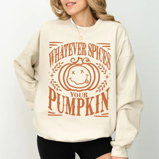 Whatever Spices Your Pumpkin Sweatshirt, Pumpkin Spice Retro Crewneck, Autumn Apparel, Retro Fall Vibes Sweater, Vintage Pumpkin Crewneck, Smile Face Pumkin Long Sleeve Pullover, Women's Top, Womenswear, Soft Cozy Fabric Sweatshirt