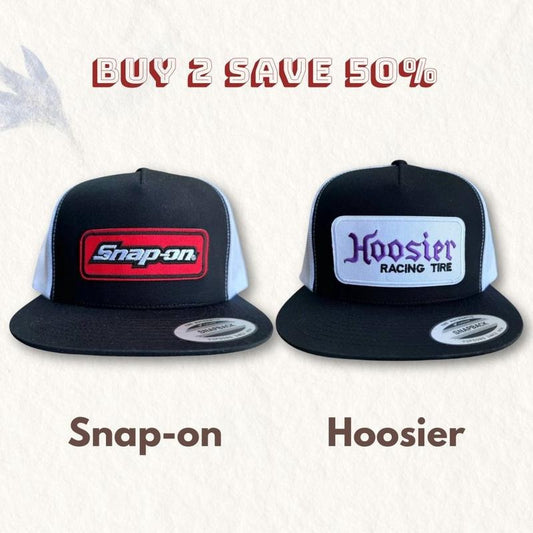 BUY 1 GET 1 FREE Combo 2 Hat Retro Hoosier Racing Tire Patch Trucker Hat Classic Black/White, Snap-on Patch Classic 5 Panel Trucker Hat Black/White- Adult Size