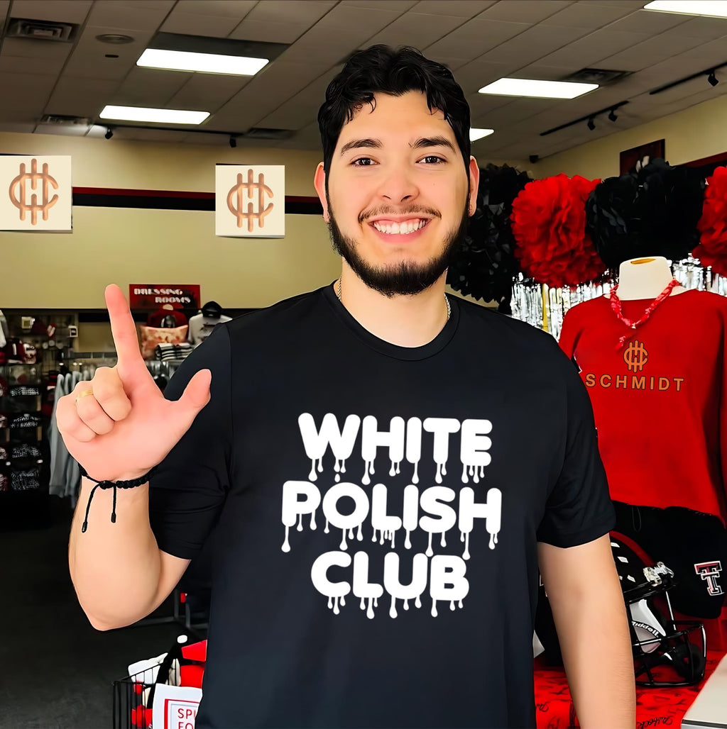 White polish club water drop style text shirt