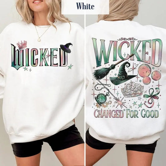 Wicked Movie 2 Sided Sweatshirt, Wizard of Oz Fan Gift, Witch Pink and Green Shirt, Pop Culture Graphic Wicked Musical Shirt, A New Musicalstyle{n002}3