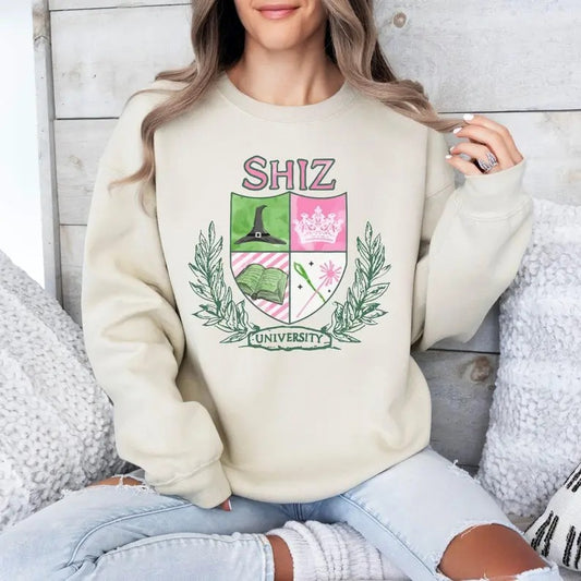Wicked Musical Shiz University Sweatshirt, Wicked Defy Gravity Shirt Wizard of Oz Sweater Broomstick, Changed For Good Witch Pink And Green