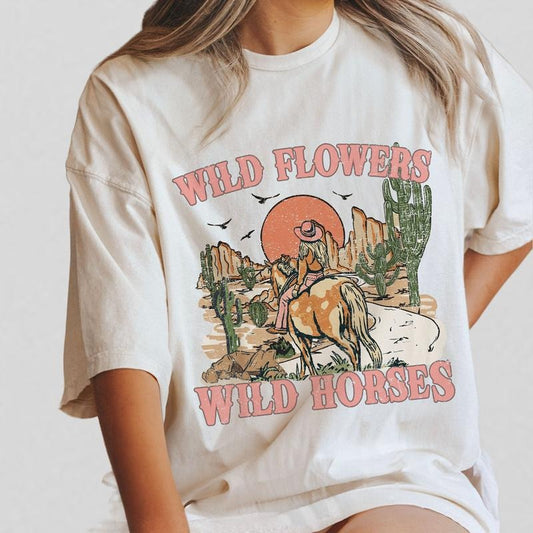 Wild Flowers Wild Horses Shirt, Wild Flowers Shirt, Country Girl Shirt, Pink Cowgirl Shirt, Vintage Wild West ShirtShirt For Woman, Oversized Graphic Tee, Cowgirl Shirt for Girl, Cute Country Pink Shirts, Wild West Gifts for Women, Women Top