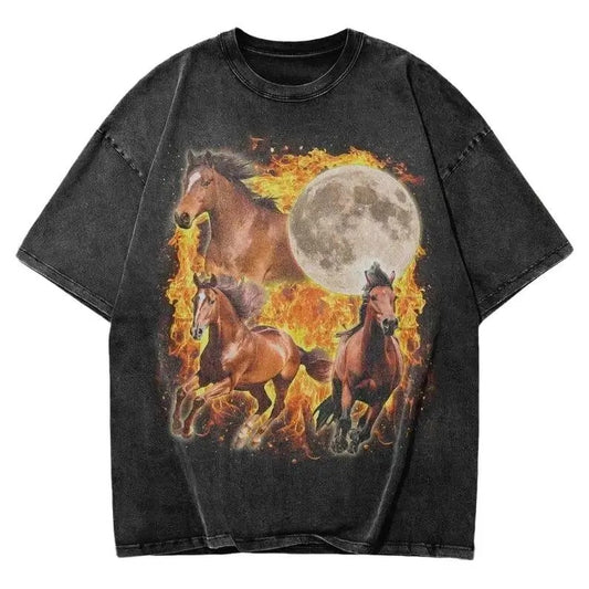 Wild Horse Vintage Washed T-Shirt | Fire Stallion Graphic Tee | Moonlit Grunge Tee for Western Horse Lovers & Spirit Animal Gifts 100% cotton Menswear