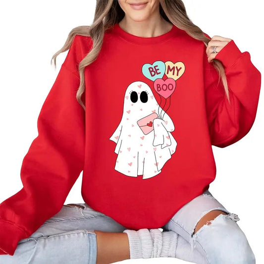 Will You Be My Boo Sweatshirt, Ghost Valentine Pullover Crewneck, Valentine's Day Gift For Her, Funny Valentine's Shirt For Girlfriend, Cute Ghost Sweaters, Gift For Wife, Valentine Red Sweatshirt, Women Top Cotton Fabric Womenswear