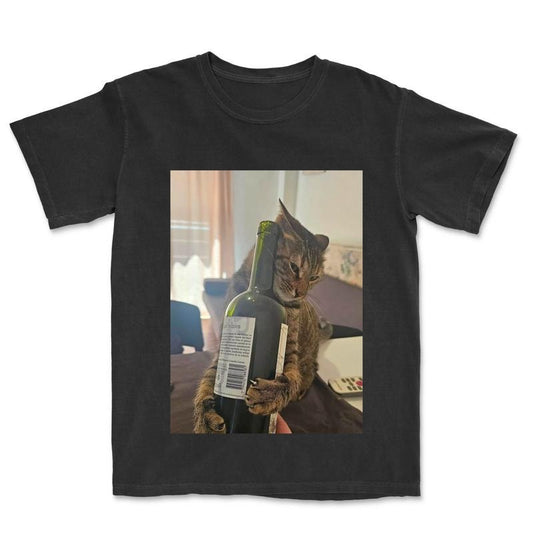 Wine Drinking Cat Drunk Cat Funny Cat Art T-Shirt, Cat Love Vintage Graphic Tee, Cute Cat Shirt, Women's T-shirts Streetwear Top Womenswear Cotton