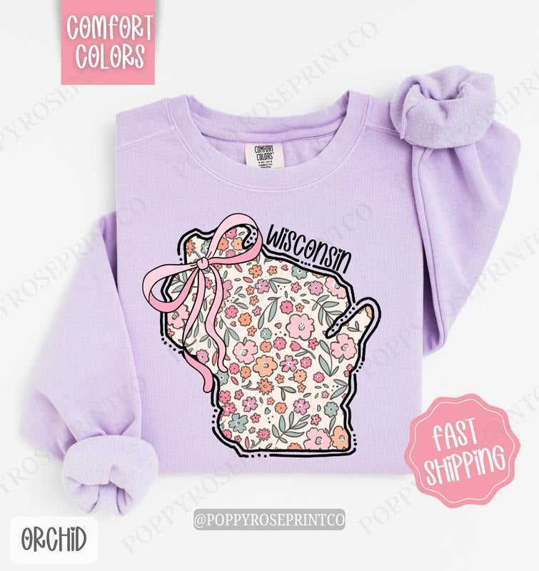 Wisconsin Floral Bow Comfort Colors Sweatshirt, Cute Trendy State Coquette Pullover